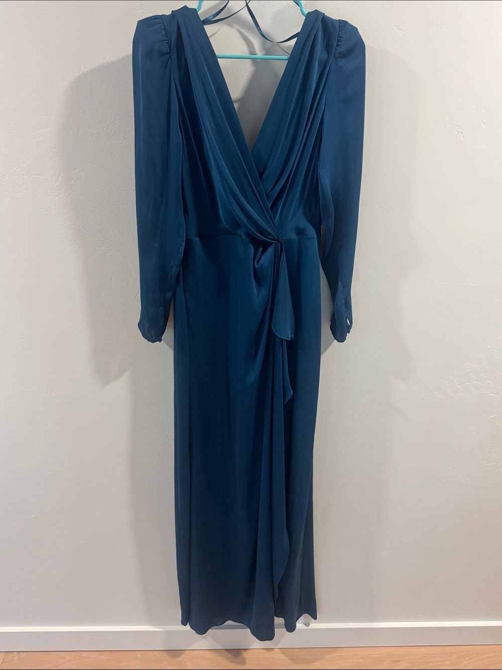 BCBGMaxAzria Teal Wrap-Style Long Sleeve Maxi Dress